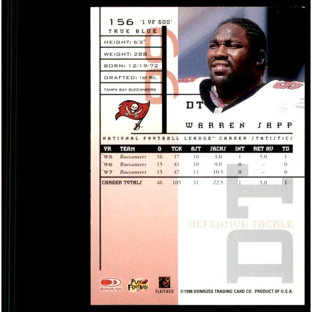 1998 Leaf R&S True Blue Warren Sapp Bucs #156
